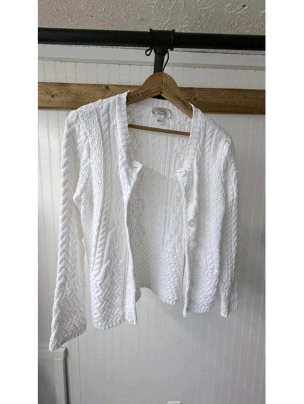 Talbots white button front cable knit cotton cardigan large boho grannie preppy
